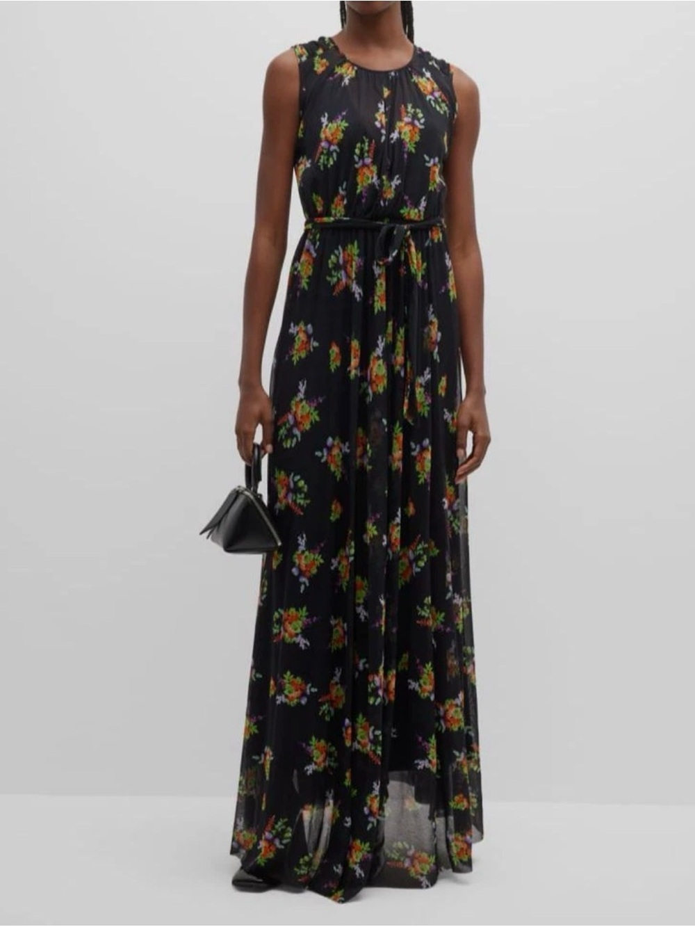 $746 FUZZI Italian Mesh Floral Maxi Dress Belted L